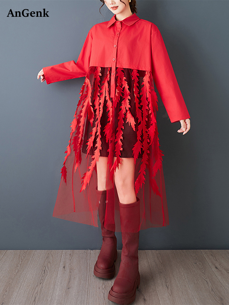 Women'S Red Formal Wear - Malha retalhos vermelho vintage camisa vestidos