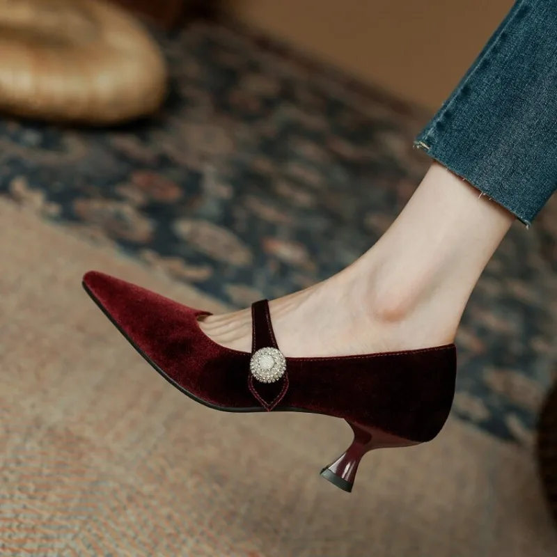 Womens Heels - Vinho tinto apontou toe mary jane