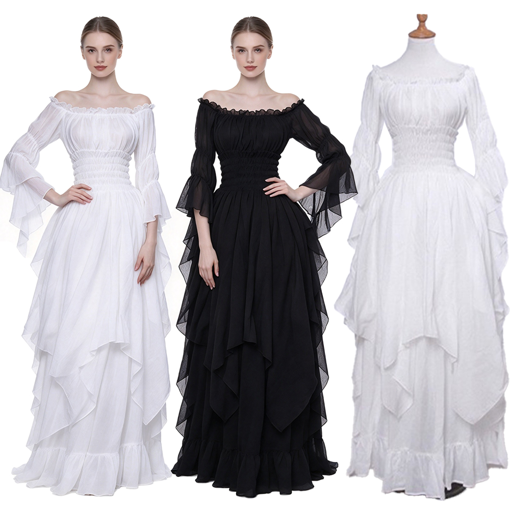 Lace Dress - Vestido Medieval Retro com Ombros Descobertos,