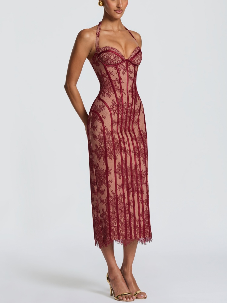 Vestido Midi de Renda Borgonha - Midi Dress avaliação e preço